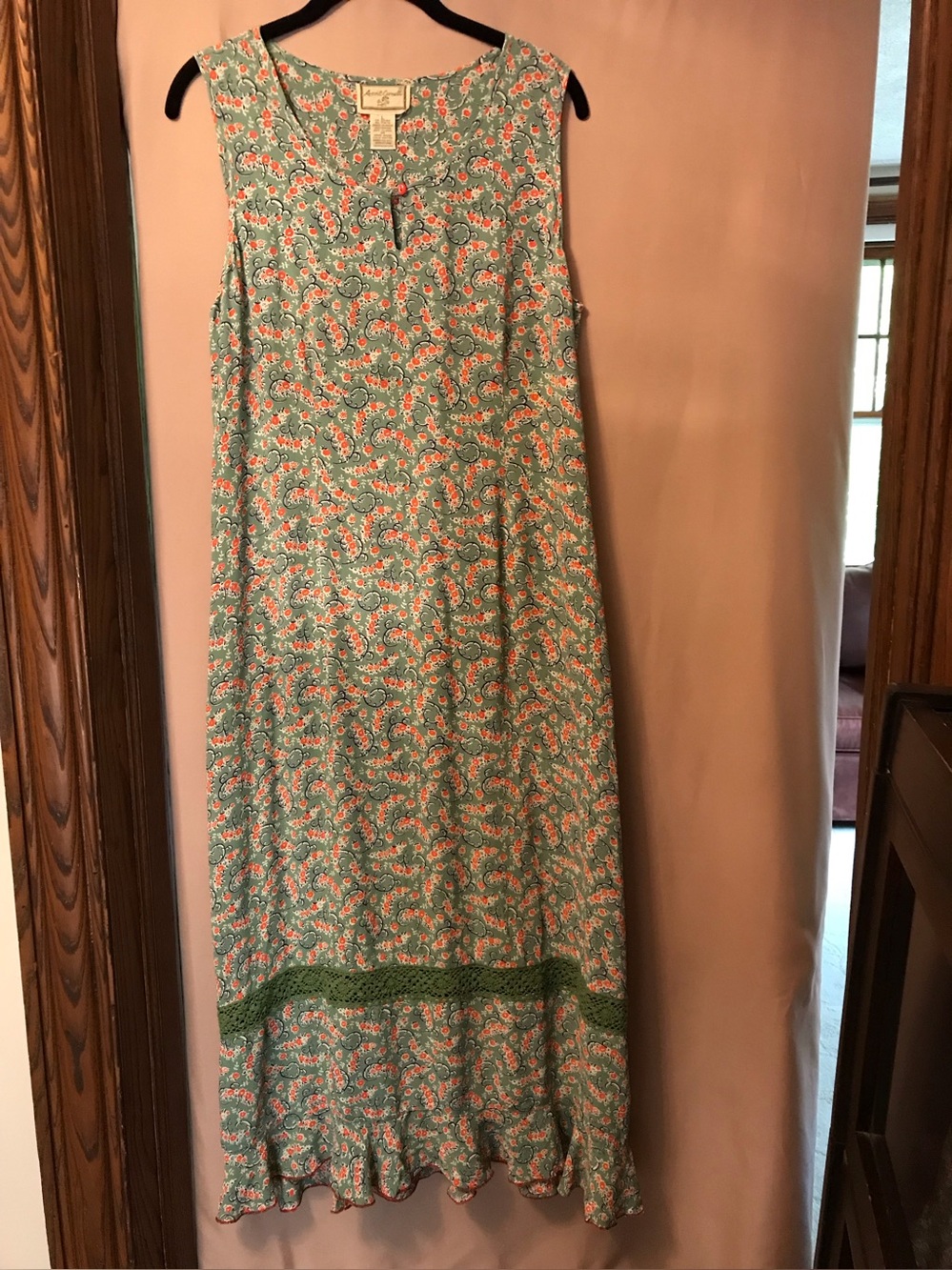 April Cornell Green Paisley Sleeveless Maxi Dress with Pink Accents